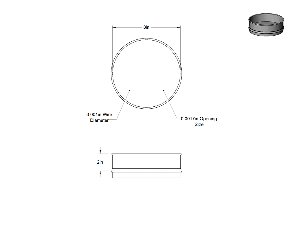 Teknik Çizim - Elek, 325 numarası, Pirinç Çerçeve ve Elek, 8" Çap x 2" Derinlik