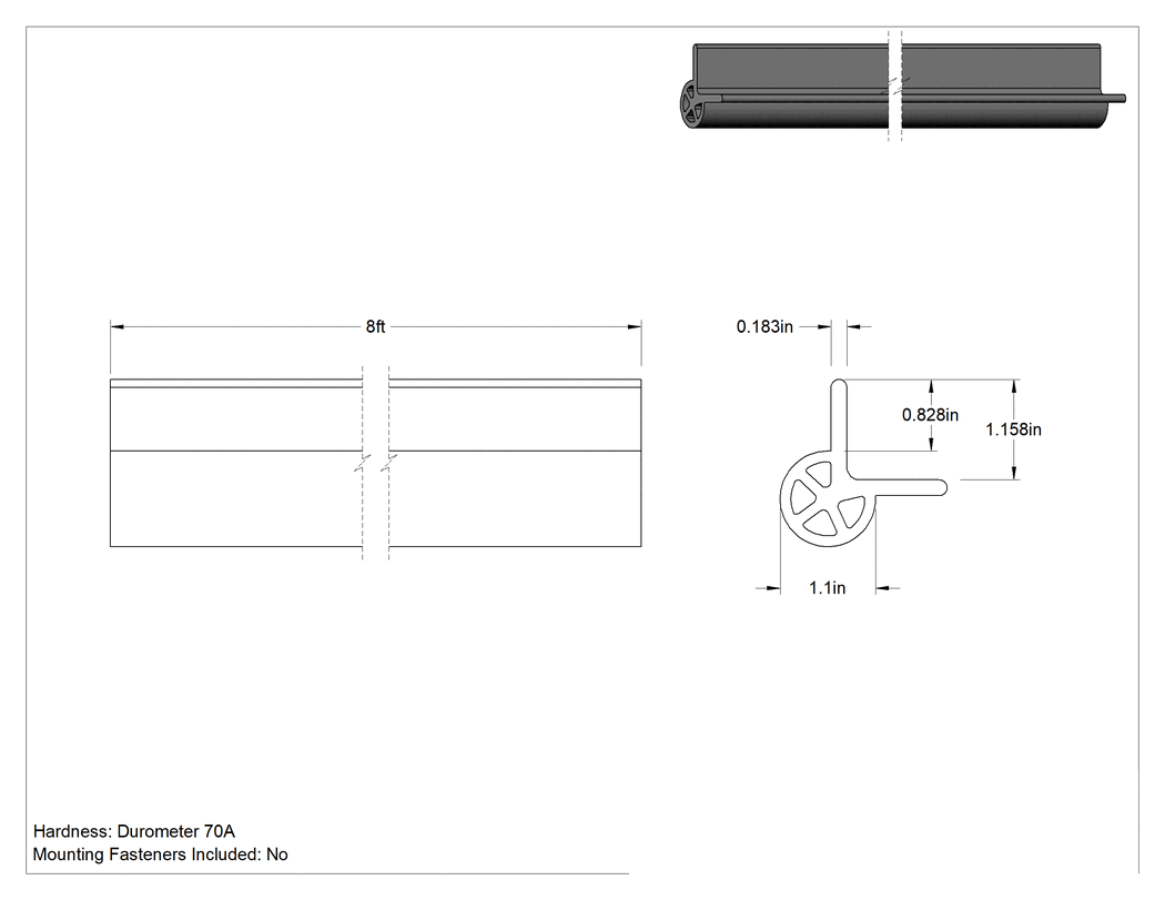 Teknik Çizim - Kabarık Profilli EPDM Kauçuk Köşe Koruyucu, 1-3/16" Genişlik, 8 Fit Uzunluk