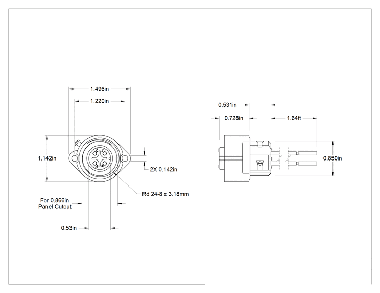Teknik Çizim - Hızlı Bağlantı Vidalı Güç Konektörü, 1-1/2 Fit Uzunluğunda Kablo Uçlu Dişi Panel Montajlı Priz