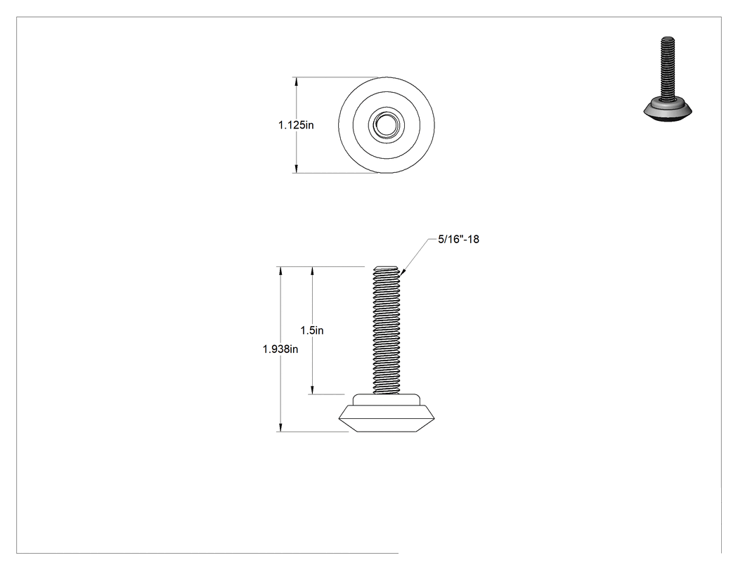 Teknik Çizim - PVC Tabanlı Sert Seviyelendirme Montaj Parçaları, 1-1/2" Uzunlukta 5/16"-18 Dişli Çinko Kaplı Çelik Saplamalı