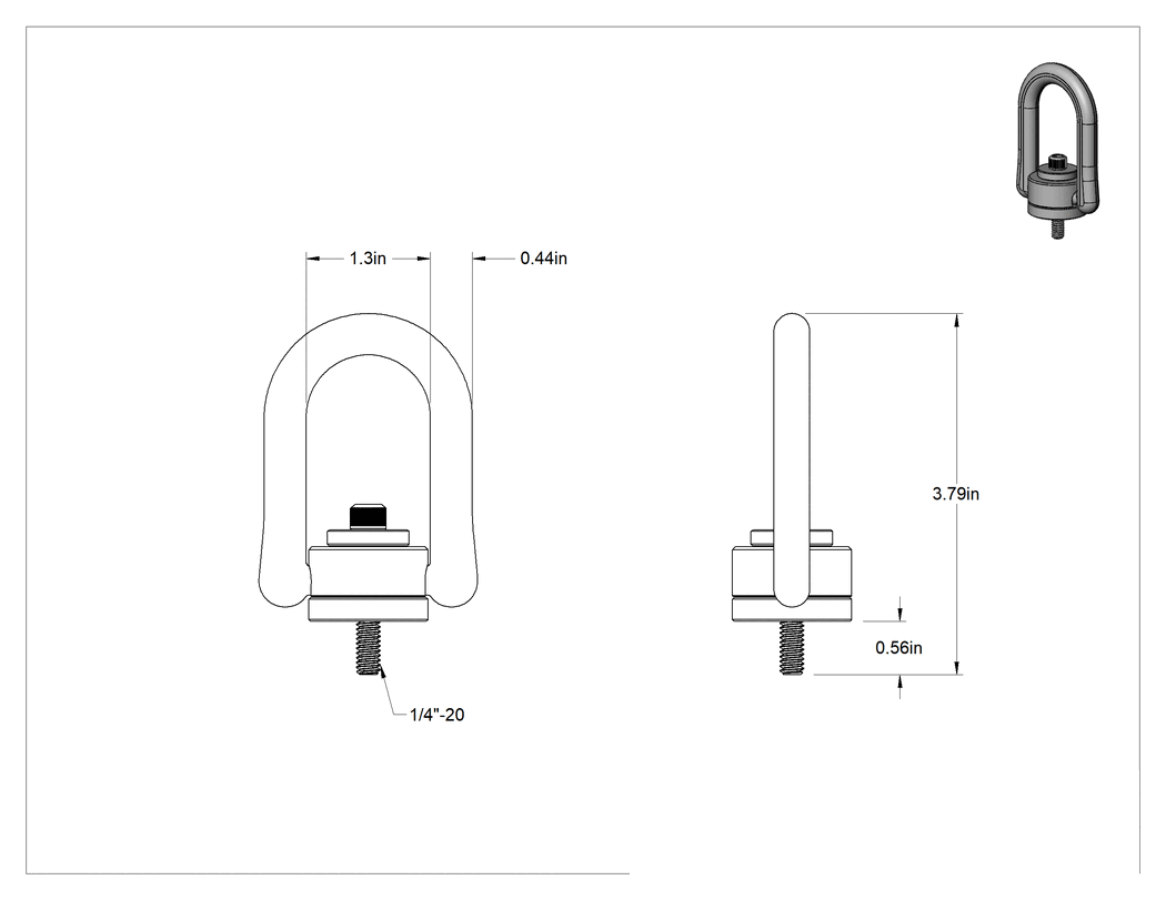 Teknik Çizim - Kaldırma için Dövme Çelik Kaldırma Halkası, Toz Kaplamalı Floresan Yeşil, 1/4"-20 Diş Boyutu