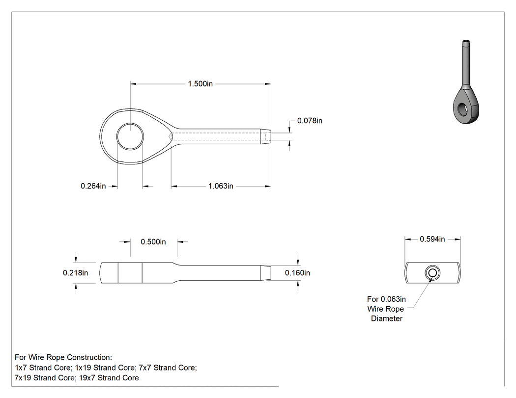 Teknik Çizim - Halka Uçlu Makara Sıkma Tel Halat Uç Bağlantısı, Kaldırma Amaçlı Değildir, 316 Paslanmaz Çelik, 1/16" Halat Çapı için