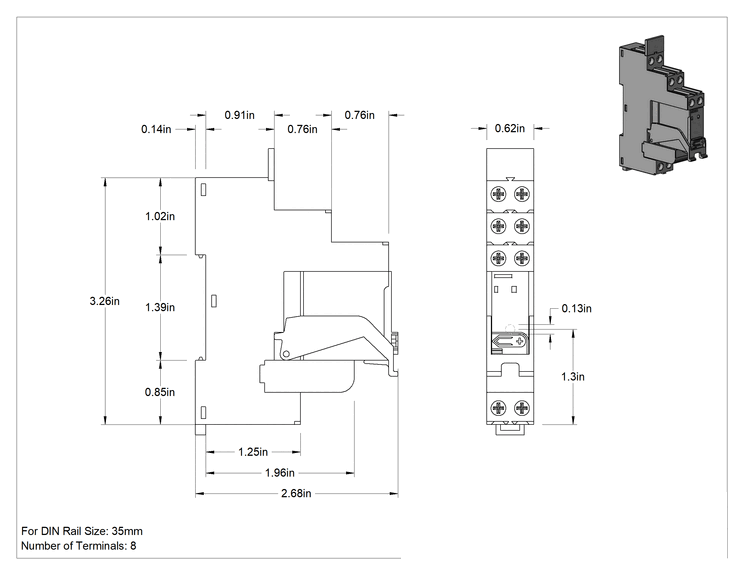 Teknik Çizim - DIN Rayına Monte Arayüz Rölesi, DPDT, Vida Terminalleri, 24 V AC Giriş