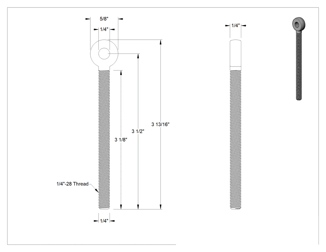 Teknik Çizim - Tam Gijon Ucu Cıvatası, Sağ Yönlü 1/4"-28 Şaft, 3-1/2 inç Şaft Merkez Uzunluğu