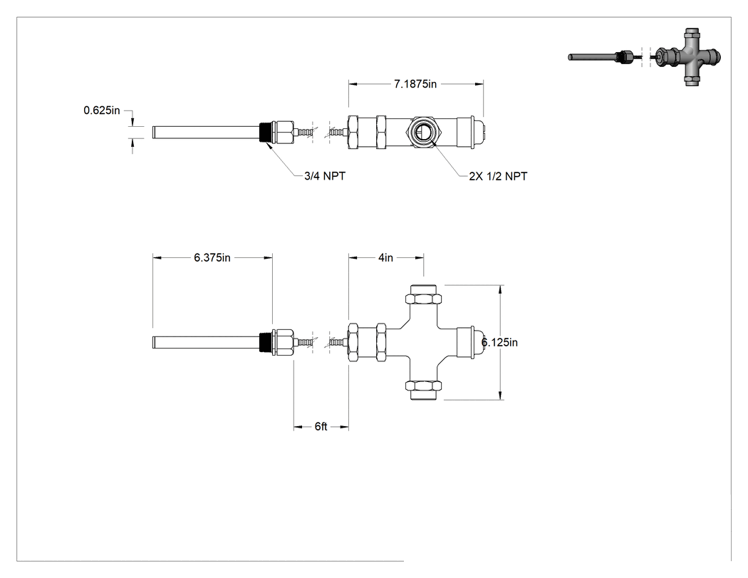 Teknik Çizim - Kompakt Uzaktan Okuma Karıştırma Vanası, Doğrudan Etkili, 40°-100°F, 1/2 NPT, 304 Paslanmaz Çelik Sensör