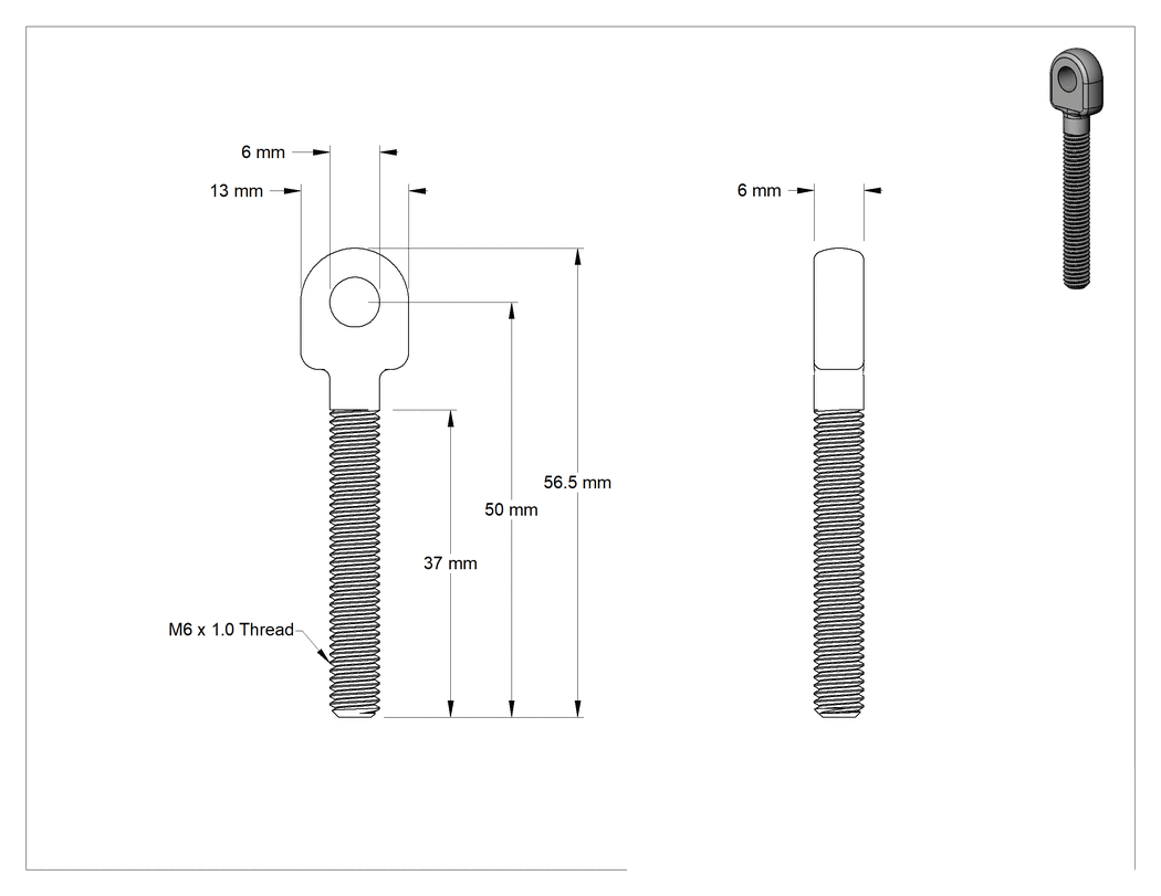 Teknik Çizim - Düz Omuzlu Çubuk Ucu Cıvatası, Paslanma ve Aşınmaya Dayanıklı, M6 x 1 mm Diş, 50 mm Şaft Merkez Uzunluğu