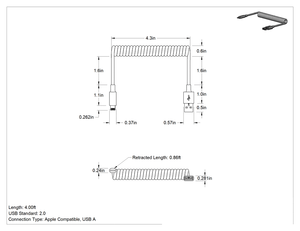 Teknik Çizim - Sarmalı USB Kabloları, A Fiş x Apple Uyumlu Fiş, 4 Fit Uzunluk