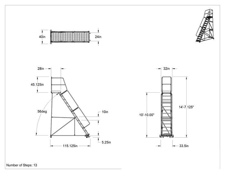 Teknik Çizim - Yuvarlanan Delikli Platform Merdiveni, Montajlanmamış, 13 Adım, 10'10" Yükseklik x 28" Derinlik Platform