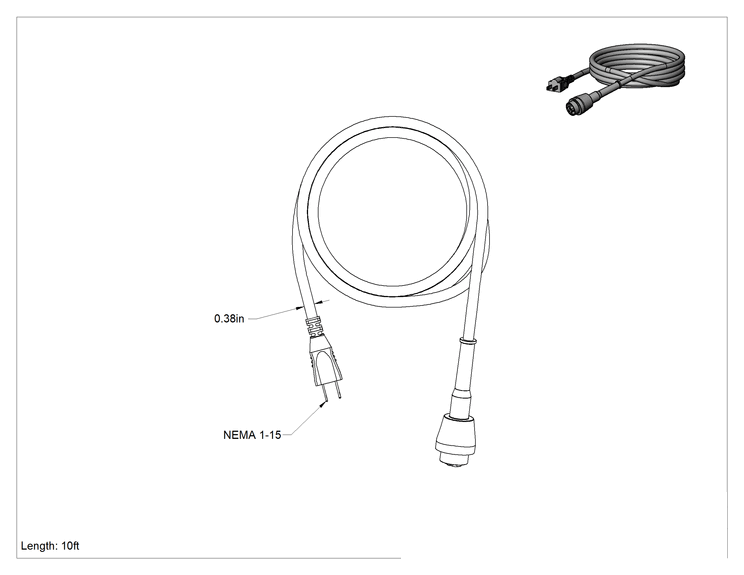 Teknik Çizim - Milwaukee Alet Güç Kabloları, Numara 48-76-5010, NEMA 1-15 x Pimli Soket, 10 Fit Uzunluk