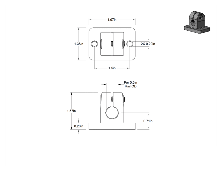 Teknik Çizim - Ağır Hizmet Tipi Kelepçeli Çerçeve, 1/2" Dış Çaplı Ray için Delikli Ofset Desteği, 304 Paslanmaz Çelik