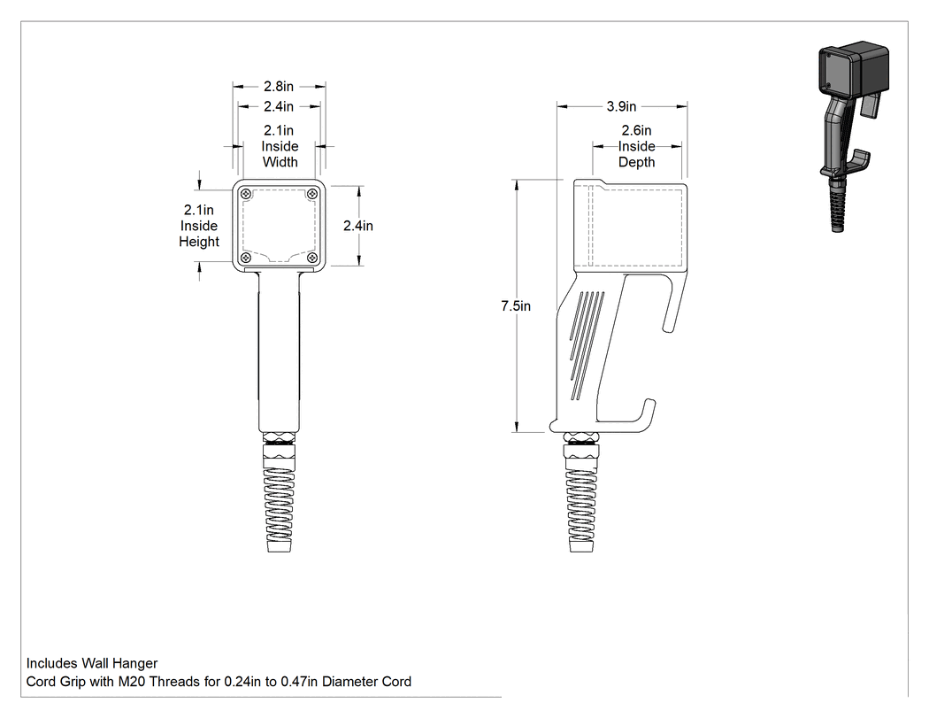 Teknik Çizim - El Tipi Toz Geçirmez Elektronik Muhafaza, 7-1/2" x 2-3/4" x 3-3/4" Toplam Boyut