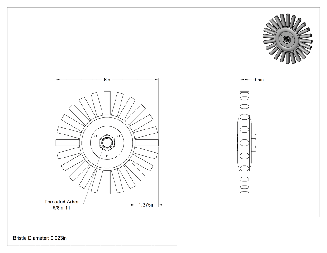 Teknik Çizim - Paslanmaz Çelik Kıllı Güçlü Temizleme Çelik Tekerlekli Fırça, Açı Taşlama Makinaları için, 6" Fırça Çapı, 5/8"-11 Mil Dişi