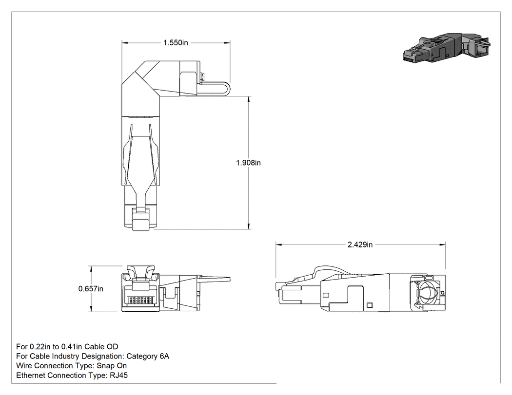 Teknik Çizim - Ekranlı Takmalı RJ45 Konektörler, Korumalı Geçmeli Konektör, Ayarlanabilir Dirsek, Kategori 6A Kablo için