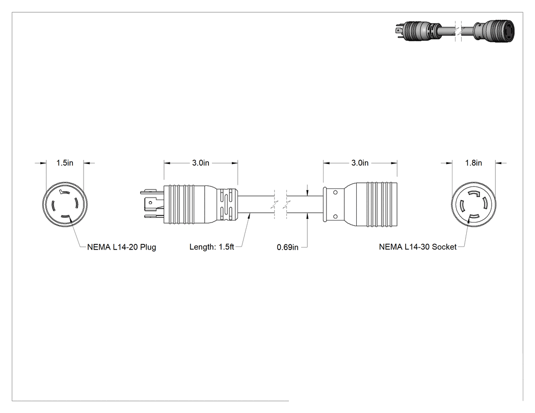 Teknik Çizim - NEMA L14-20 Fiş x NEMA L14-30 Priz Adaptörü
