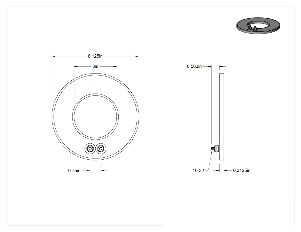 Teknik Çizim - Cıvata ve Kelepçe Montajlı Halka Disk Isıtıcı, Krom Kaplamalı Çelik Kılıflı, 120V AC, 1000W