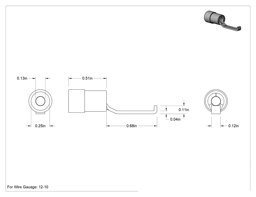 Teknik Çizim - Bıçak Terminalleri, Flanşlı, 12-10 Kalınlık için, 0.68" Uzunluk x 0.12" Genişlik Bıçak