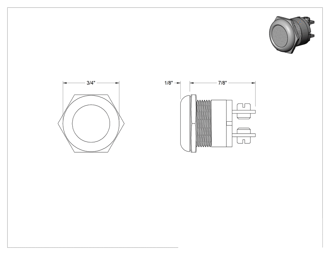 Teknik Çizim - Düşük Gerilim Panel Montajlı Kapı Zili Anahtarı, 16mm, Altıköşe Somun ile Düz