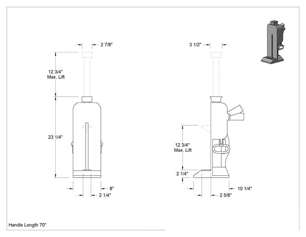 Teknik Çizim - İki Yükseklikte Cırcırlı Kriko, Demir, 15 Ton/30000 lbs. Kapasite, 12-3/4" Maksimum Kaldırma