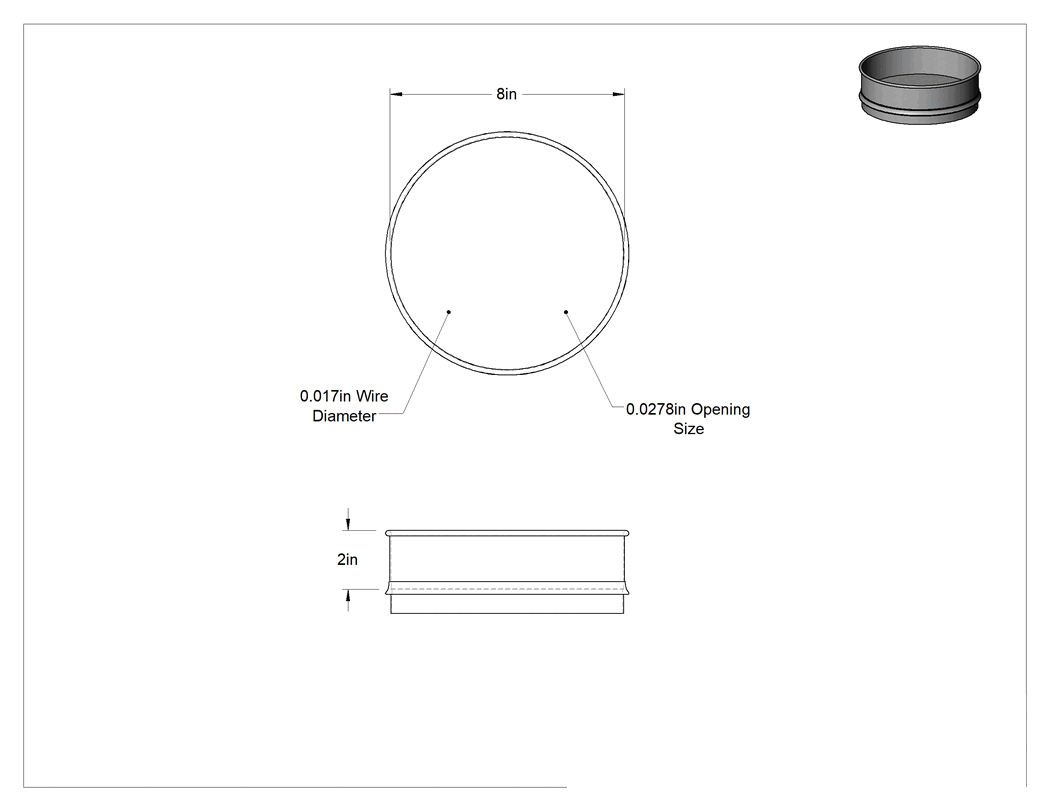 Teknik Çizim - Elek, 25 Numaralı, Pirinç Çerçeve ve Elek, 8" Çap x 2" Derinlik