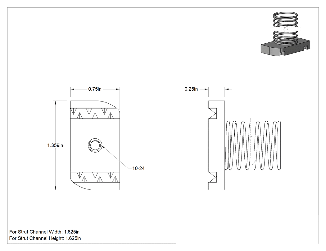 Teknik Çizim - Strut Kanal Somunu, Yaylı, 1-5/8" Yüksekliğinde Kanal, 304 Paslanmaz Çelik, 10-24 Diş Boyutu