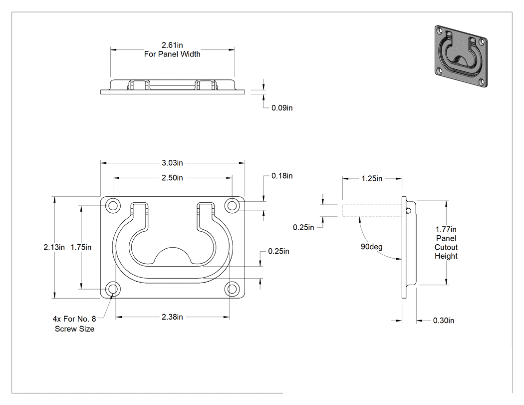 Teknik Çizim - Montaj Plakalı Gömme Katlanır Çekme Kolu, Oval Tutamak, 316 Paslanmaz Çelik, 2-3/8" Genişlikte Tutamak, 1-1/4" Çıkıntı