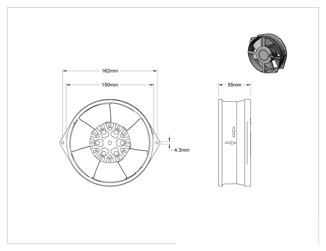 Teknik Çizim - Yüksek Sıcaklık Ekipman Soğutma Fanı, Tel Uçlu, 115V AC, 150 mm Yuvarlak