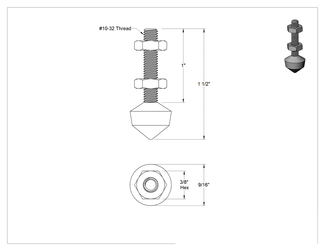 Teknik Çizim - Mandal Kelepçe Tutma Vidası, Kauçuk Sabit Konik Uç, 1-1/2" Toplam Uzunluk, Çelik