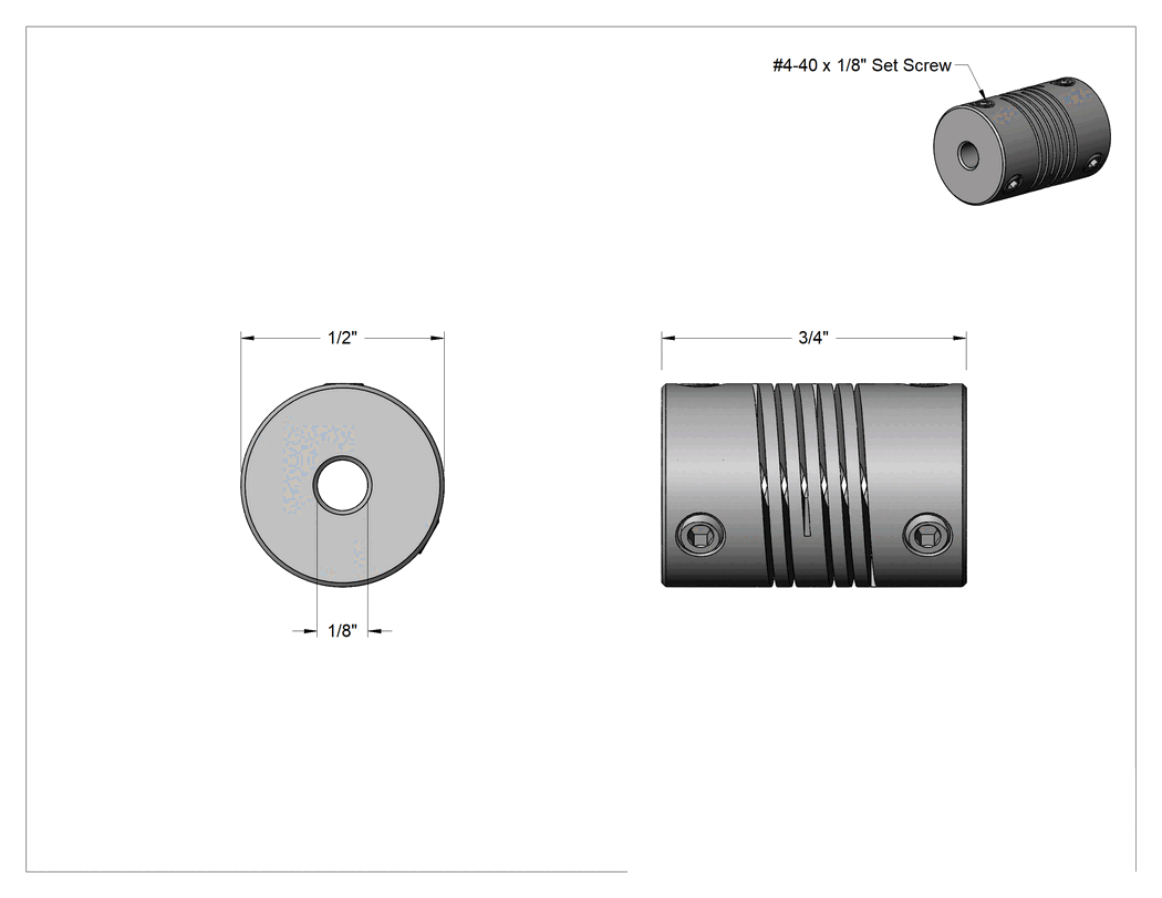 Teknik Çizim - Setskur Hassas Esnek Mil Kaplini, Spiral Kesim, 1/8" x 1/8" Mil Çapı için, 3/4" Uzunluk, 1/2" Dış Çap