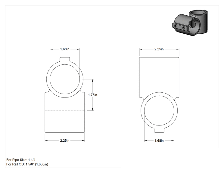 Teknik Çizim - Alüminyum Giydirme Bağlantı Parçası, Çapraz Bağlantı, 2 adet Delikli, 1-5/8" Ray Dış Çapı, 2-1/4" Uzunluk
