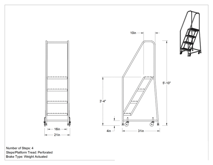 Teknik Çizim - Yuvarlanan Platform Merdiveni, 4 Delikli Basamaklı, 5'10" Yükseklik x 21" Genişlik x 31" Derinlik Toplam