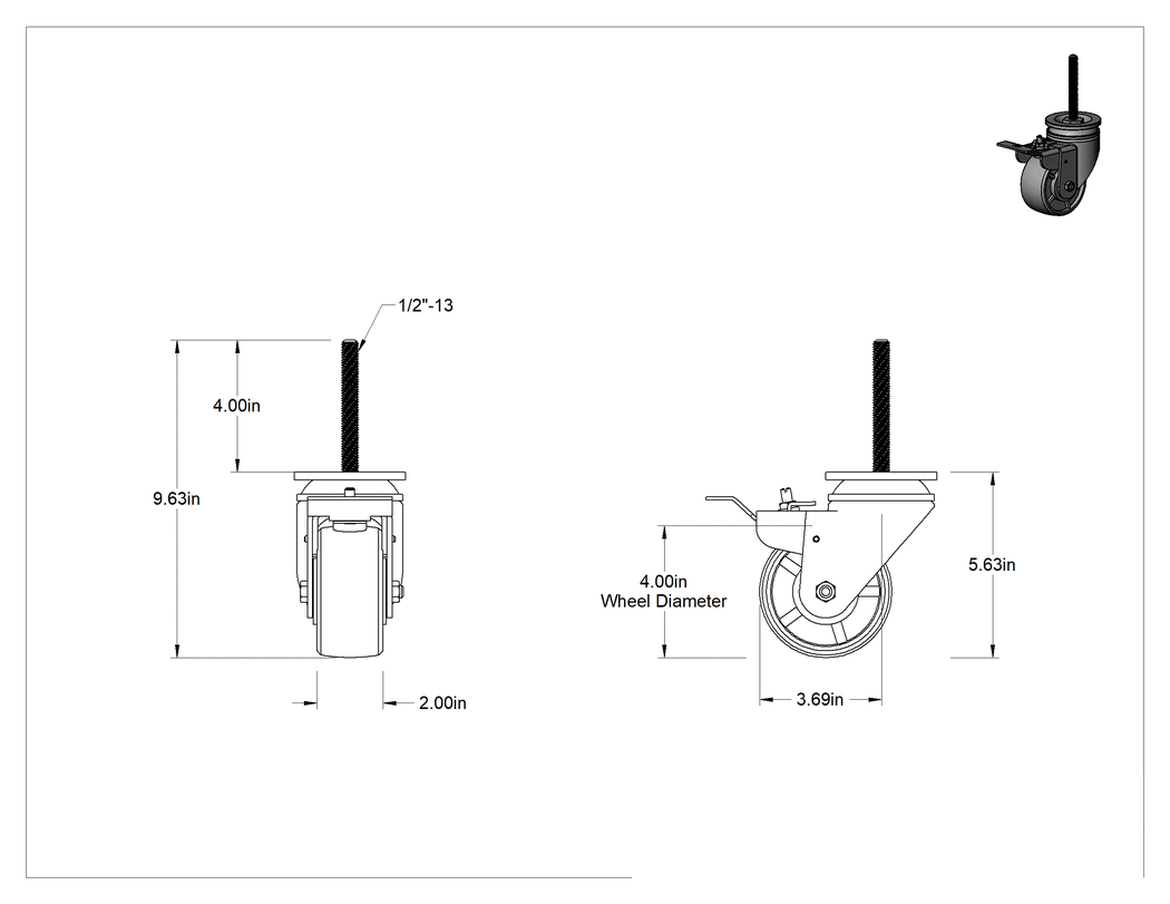 Teknik Çizim - 4 inç Uzunluğunda Dişli Saplı Döner Tekerlek, Total Lock, 1/2"-13 Dişli ve 4" Çaplı Polipropilen Tekerlek