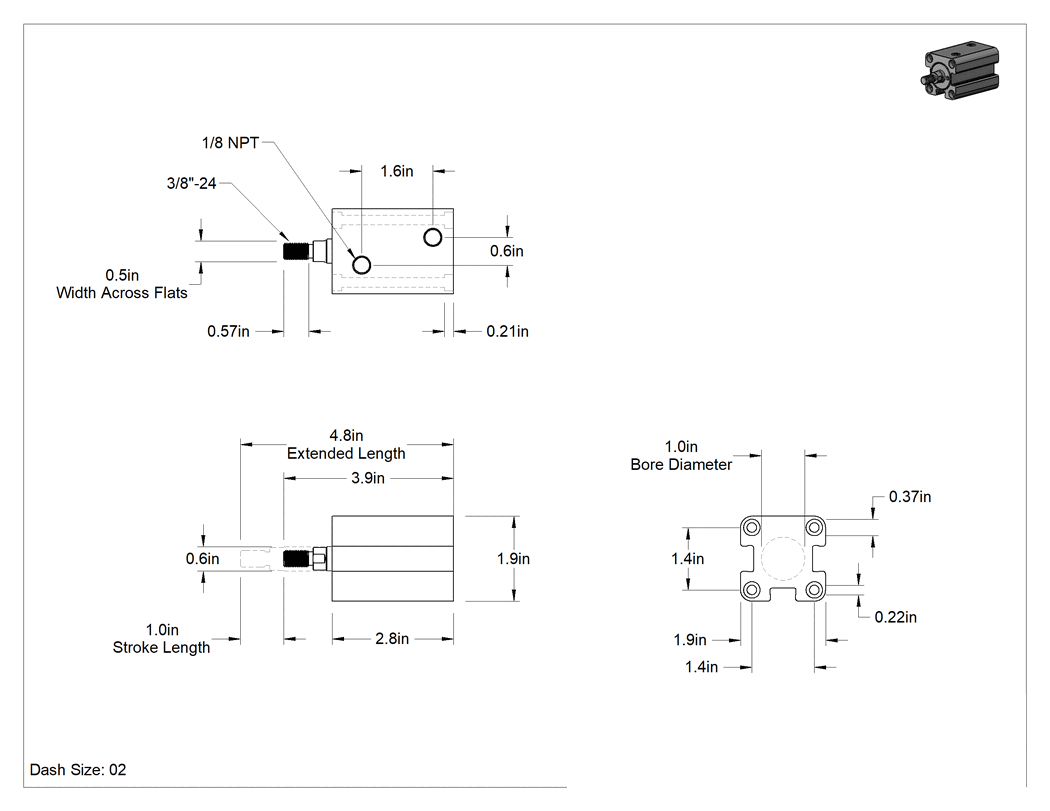 Teknik Çizim - Kompakt Hidrolik Silindir, 1" Delik Çapı, 1" Strok Uzunluğu