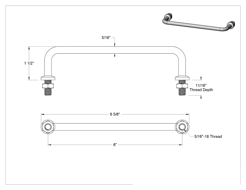 Teknik Çizim - Yuvarlak Tutma Kolu, 5/16"-18 Dişli Saplamalı, 6" Merkezden Merkeze Genişlik, 303 Paslanmaz Çelik