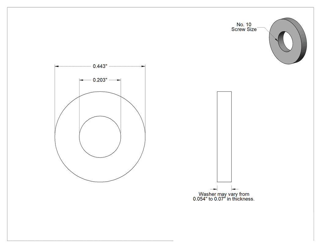 Teknik Çizim - Fiberglas Pul, 10 Numaralı Vida Boyutu için, 0.203" İç Çap, 0.443" Dış Çap