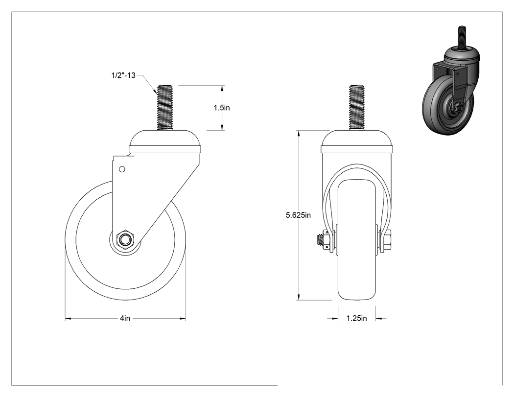 Teknik Çizim - Dişli Saplı Döner Tekerlek, 1/2"-13 Dişli ve 4" Çaplı Sert Poliüretan Tekerlek