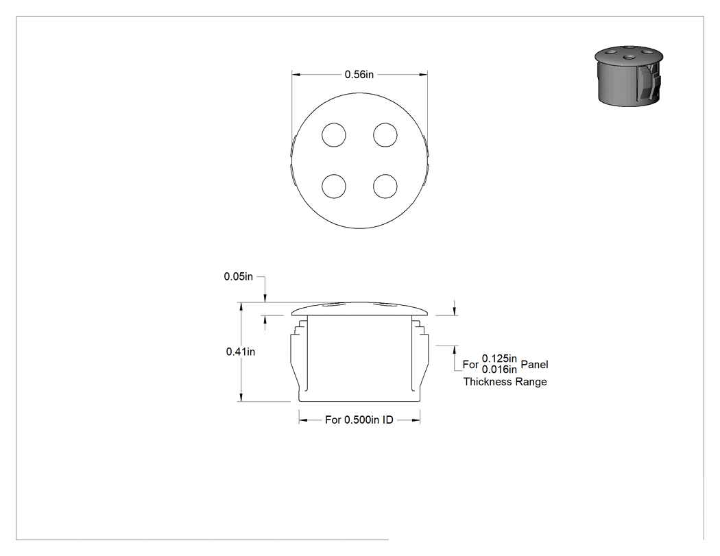 Teknik Çizim - Havalandırmalı Kilitli Panel Fişi, 1/2" iç çap