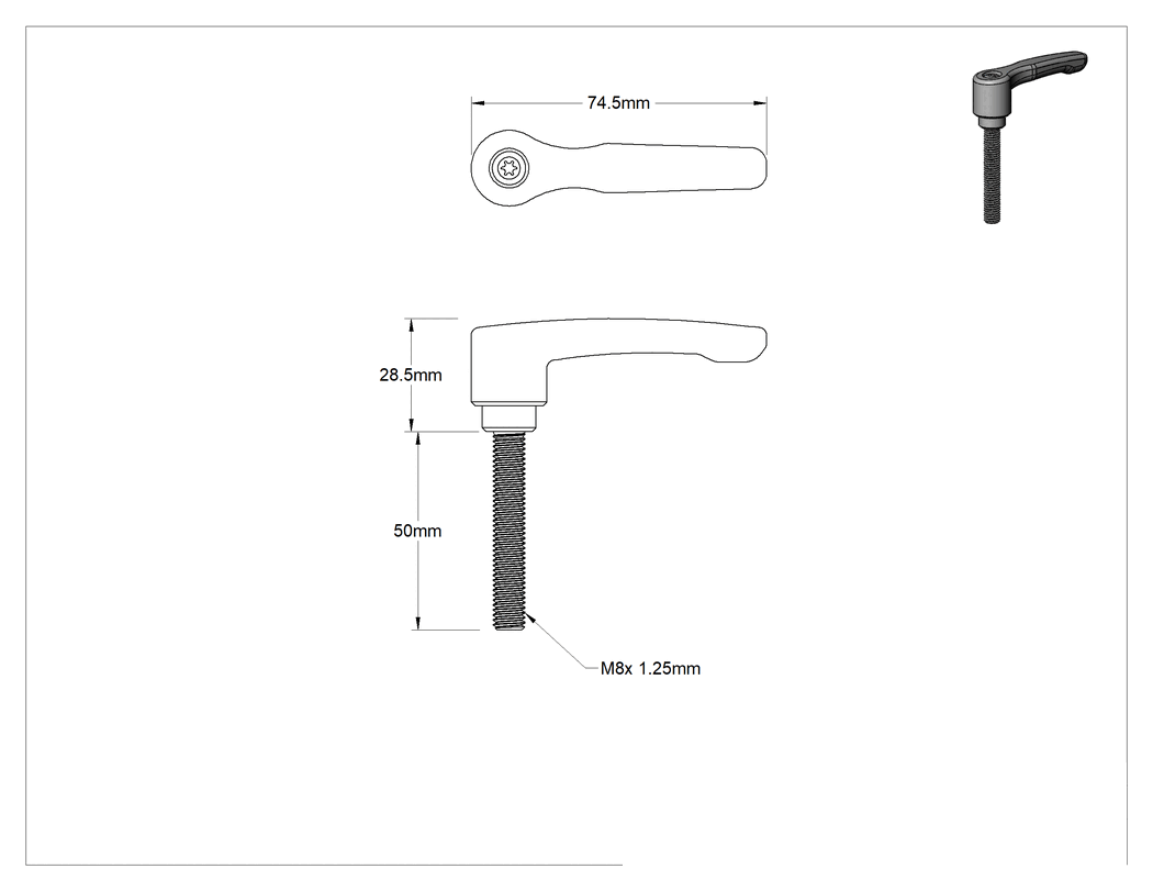 Teknik Çizim - Düşük Profilli Ayarlanabilir Tutamak, M8 x 1.25 mm Dişli 50 mm Uzunlukta Saplama, Siyah Çinko