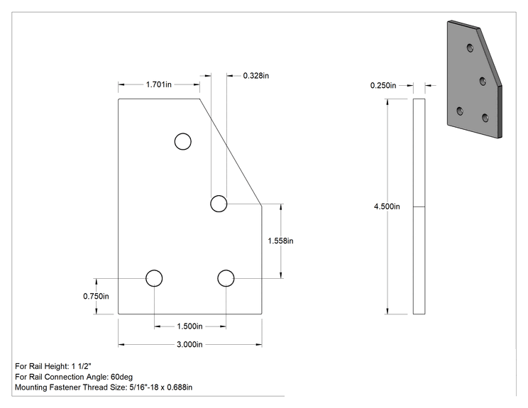 Teknik Çizim - T-Yivli Çerçeve, 1.5 inç Yükseklikteki Tek Ray için Gümüş 60 Derece Braket