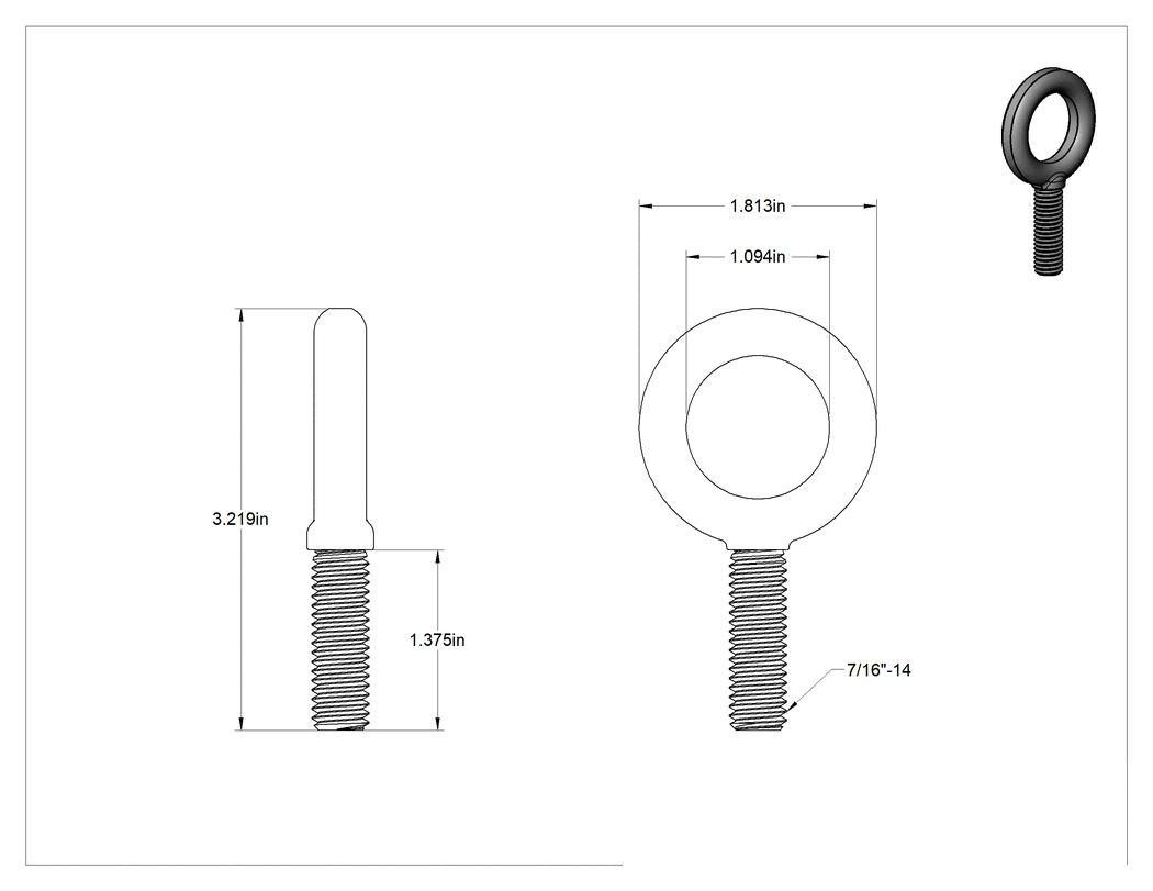 Teknik Çizim - Omuzsuz Çelik Halka Cıvata, Çinko Kaplamalı, 7/16"-14 Diş Boyutu