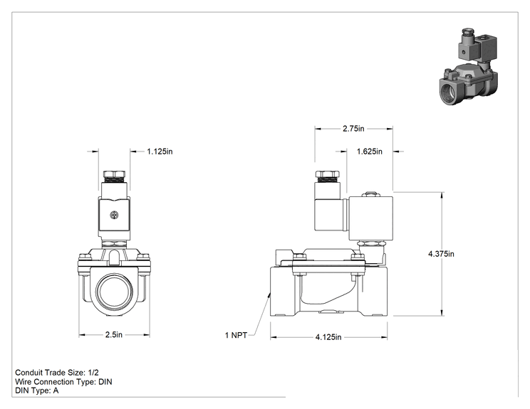 Teknik Çizim - Pirinç Gövde Solenoid Açma/Kapama Vanası, Normalde Açık, 24V DC, 1 NPT Dişi, 13 Cv