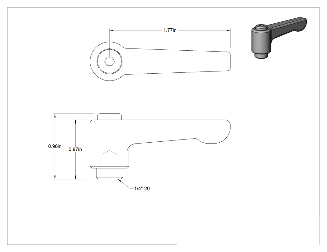 Teknik Çizim - Düşük Profilli Ayarlanabilir Tutamak, 1/4"-20 Dişli Delikli, Siyah Naylon