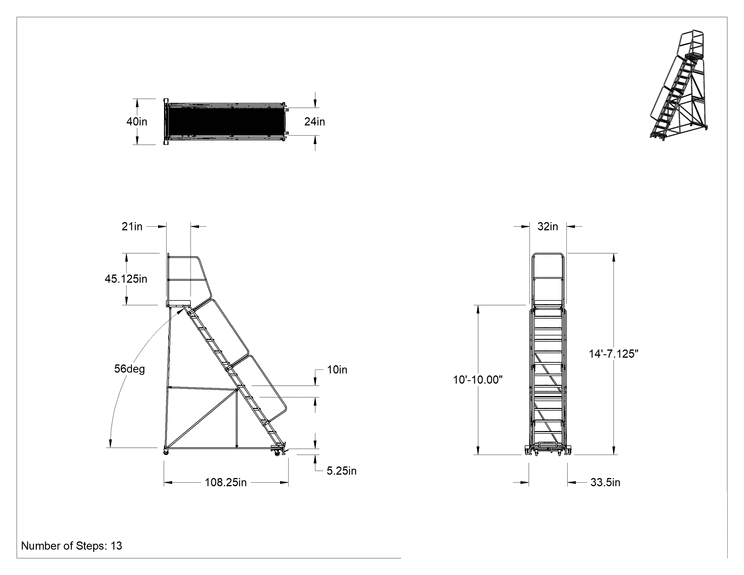 Teknik Çizim - Montajlanmamış Tırtıklı Platformlu Tekerlekli Merdiven, 13 kademeli, 10'10" Yükseklik x 21" Derinlik Platform, 40" Toplam Genişlik