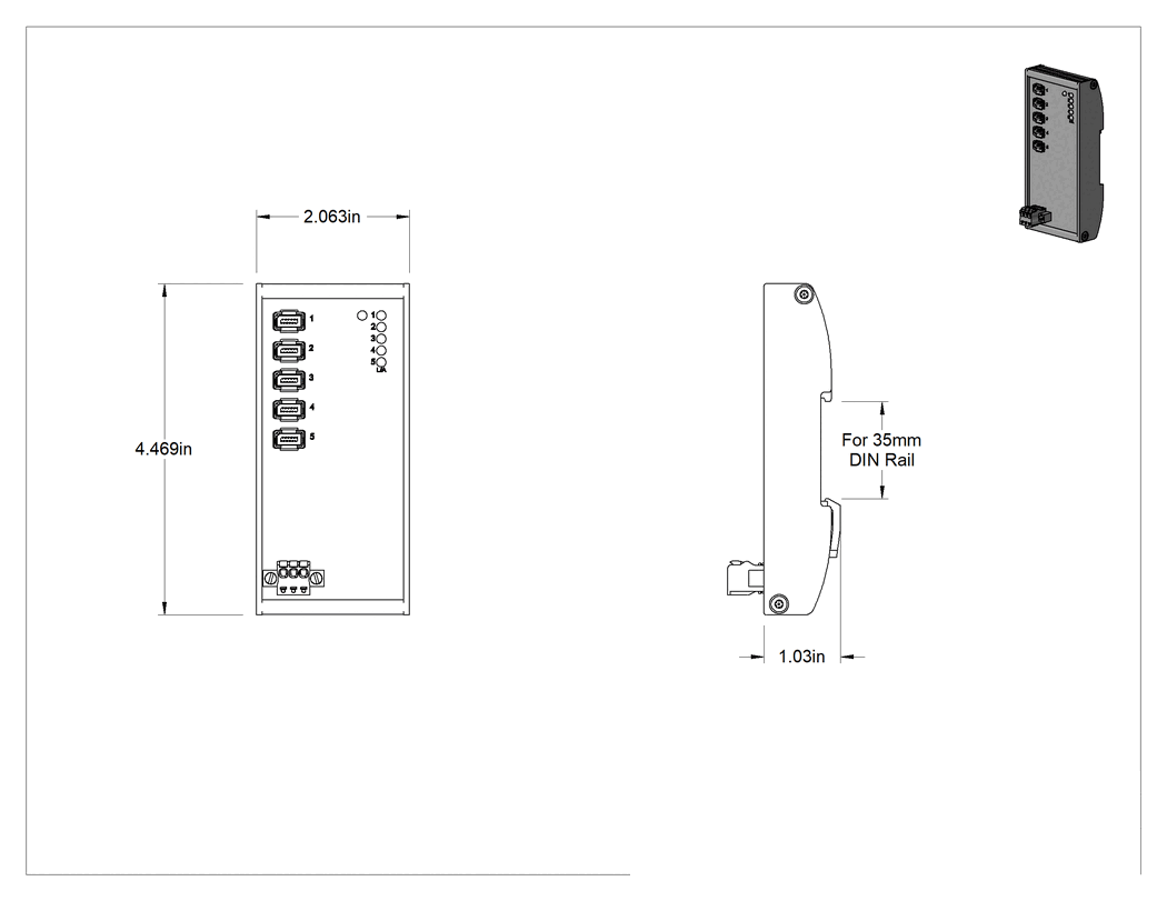 Teknik Çizim - ix Endüstriyel Ethernet Anahtarı, 35 mm DIN-Ray Montajı, 5 Soket