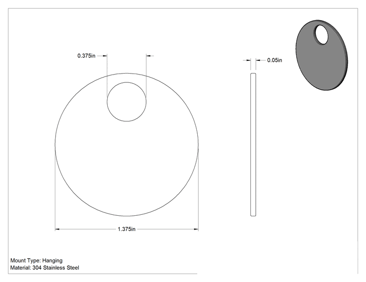 Teknik Çizim - Metal Gravür ve Damgalama Etiketleri, 304 Paslanmaz Çelik Daire, 1-3/8" Çap