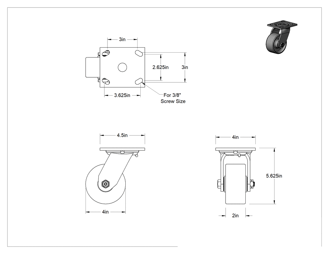 Teknik Çizim - 4-1/2" x 4" Plakalı Yüksek Kapasiteli Spartan Tekerlek, 4" Çaplı Korumalı Rulmanlı Metal Tekerlekli Döner