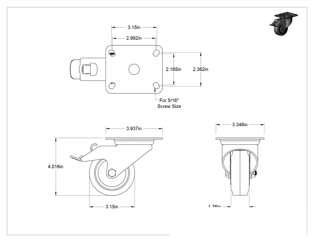Teknik Çizim - Easy-Roll Tekerlek, Gri Lastik Tekerlek, Frenli Döner Tekerlek, 3-1/4" Çaplı Tekerlek