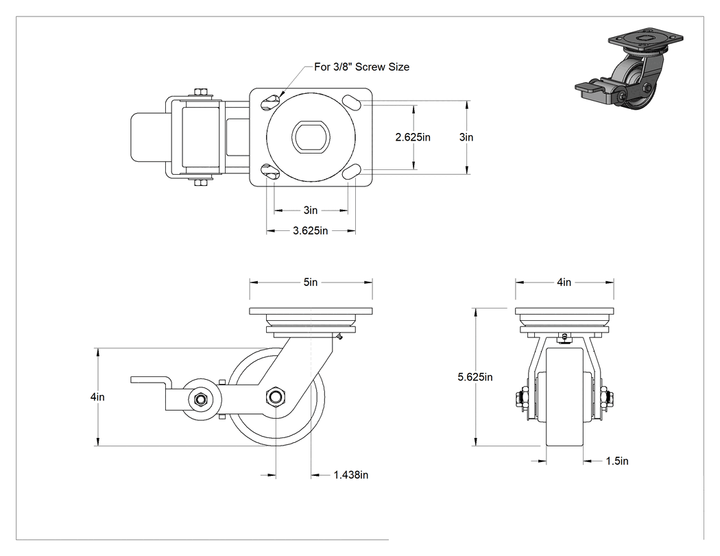 Teknik Çizim - 5" x 4" Montaj Plakalı Yüksek Kapasiteli Spartan Tekerlek, Frenli Döner Tekerlek ve 4" Çaplı Çelik Tekerlek