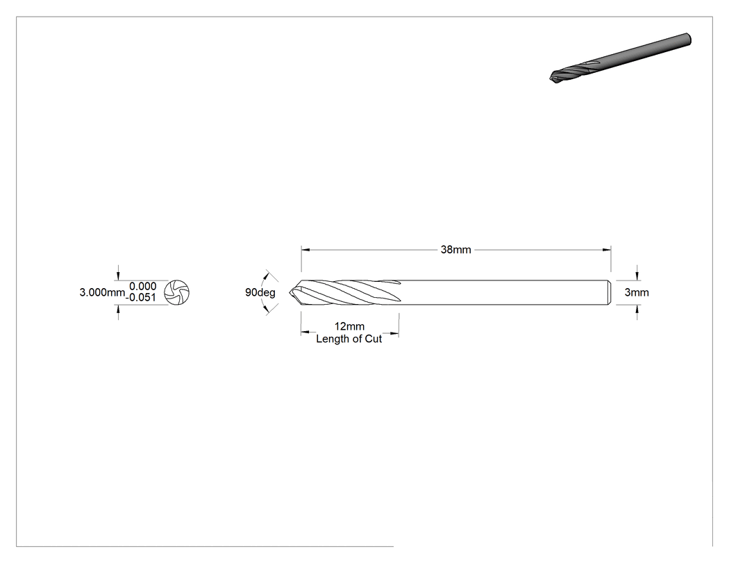 Teknik Çizim - 4 Kanallı Karbür Matkap/Freze Ucu, 3 mm Freze Çapı