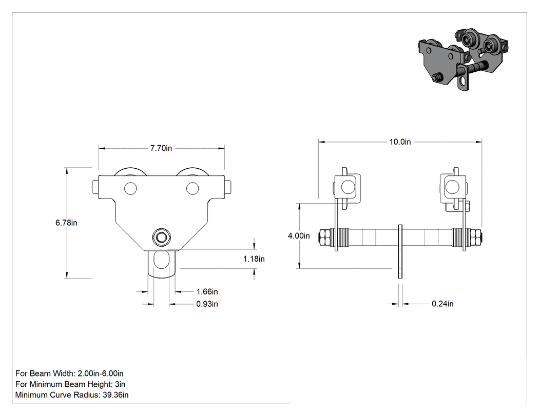 Teknik Çizim - Paslanma ve Aşınmaya Dayanıklı Vinç Taşıyıcısı, 1/4 Ton Kapasite
