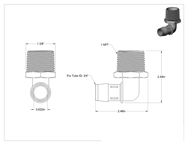 Teknik Çizim - Hava ve Su için Sıkı Sızdırmaz Tırnaklı Boru Bağlantı Parçası, Naylon 90 Derece Adaptör, 3/4" Boru İç Çapı x 1 NPT Erkek, Siyah